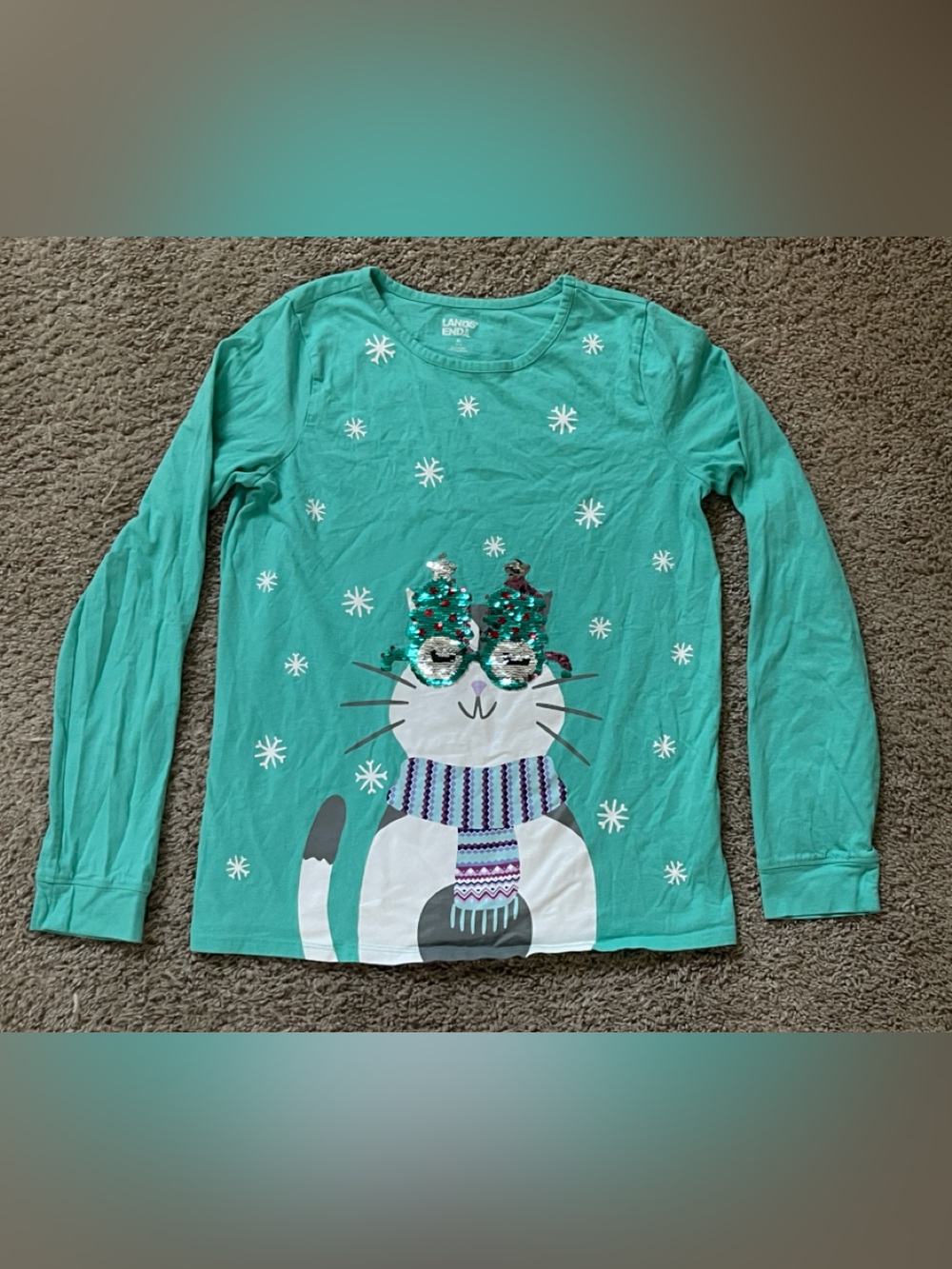 Lands' End Teal Long-Sleeve Holiday Cat t shirt w/ reversible sequins XL